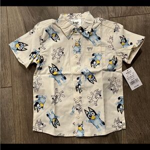 Kids Bluey Cartoon Print Button Down Shirt - Cream and Blue